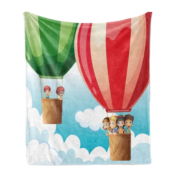 Explore Soft Flannel Fleece Blanket, Children in Hot Air Balloons Flying Kids Adventure Exploration Themed Illustration, Cozy Plush for Indoor and Outdoor Use, 50" x 70", Multicolor, by Ambesonne