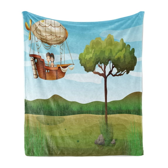 Explore Soft Flannel Fleece Blanket, Girl and Boy on a Zeppelin Flying on Cartoon Style Forest Fantasy Explorer Children, Cozy Plush for Indoor and Outdoor Use, 50" x 60", Multicolor, by Ambesonne