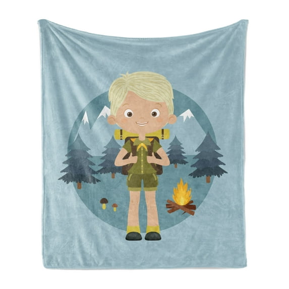 Explore Soft Flannel Fleece Throw Blanket, Cartoon the Forest with Mountains Trees Mushroom and Campfire Design, Cozy Plush for Indoor and Outdoor Use, 50" x 60", Multicolor, by Ambesonne
