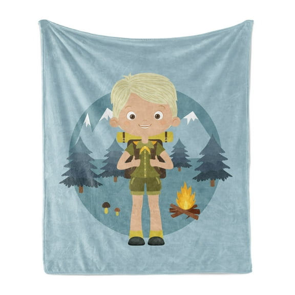 Explore Soft Flannel Fleece Throw Blanket, Cartoon the Forest with Mountains Trees Mushroom and Campfire Design, Cozy Plush for Indoor and Outdoor Use, 50" x 70", Multicolor, by Ambesonne