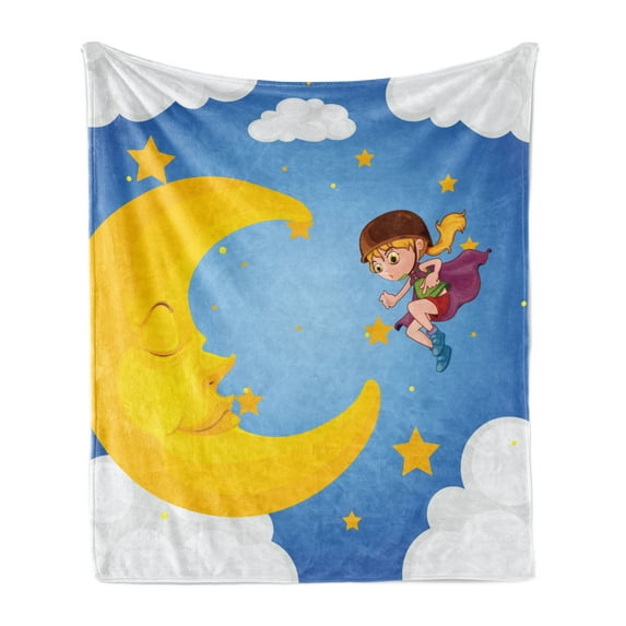 Explore Soft Flannel Fleece Throw Blanket, Cartoon Girl in a Cape near the Sleeping Crescent Moon Superhero Theme Night Sky, Cozy Plush for Indoor and Outdoor Use, 50" x 70", Multicolor, by Ambesonne