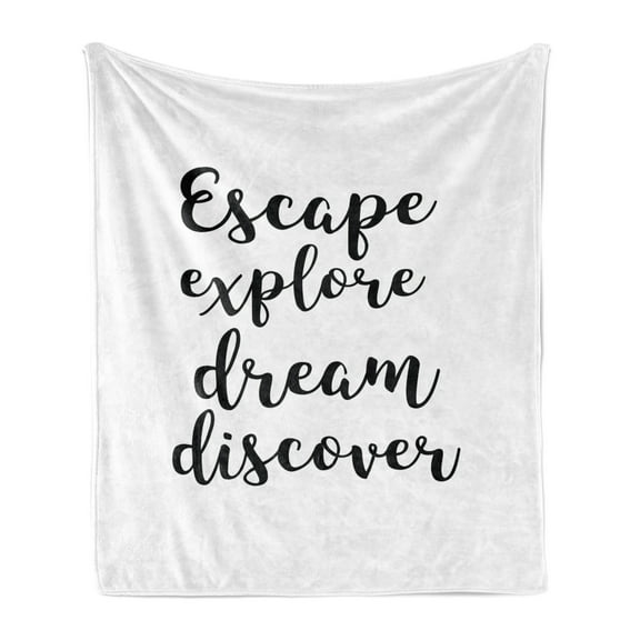 Explore Soft Flannel Fleece Throw Blanket, Hand Drawn Brush Calligraphy Words Escape Explore Dream Discover Lettering, Cozy Plush for Indoor and Outdoor Use, 70" x 90", Black and White, by Ambesonne