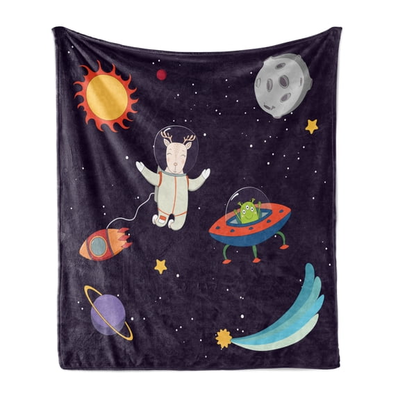 Explore Soft Flannel Fleece Throw Blanket, Hand Drawn Deer Astronaut in Space with Sun Moon Shooting Star and Alien Planet, Cozy Plush for Indoor and Outdoor Use, 50" x 60", Multicolor, by Ambesonne
