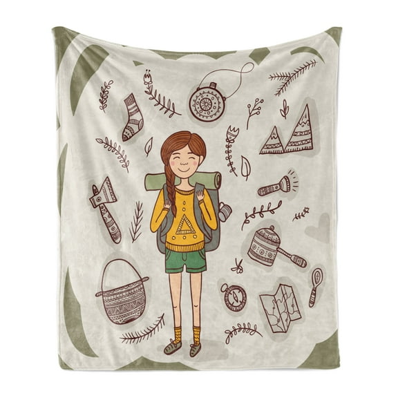 Explore Soft Flannel Fleece Throw Blanket, Hiker Girl with a Backpack with Doodle Boho Ornate Elements, Cozy Plush for Indoor and Outdoor Use, 70" x 90", Multicolor, by Ambesonne