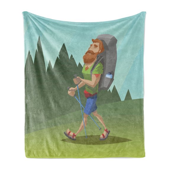 Explore Soft Flannel Fleece Throw Blanket, Man with a Beard Walking Through the Forest Cartoon Style Outdoor Activity Theme, Cozy Plush for Indoor and Outdoor Use, 50" x 60", Multicolor, by Ambesonne