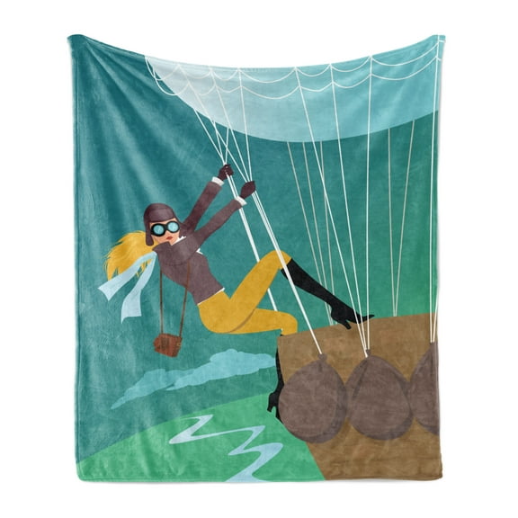 Explore Soft Flannel Fleece Throw Blanket, Vintage Cartoon Style Explorer Spy Woman Adventurer on a Hot Air Balloon, Cozy Plush for Indoor and Outdoor Use, 50" x 60", Multicolor, by Ambesonne