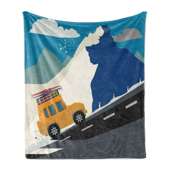 Explore Soft Flannel Fleece Throw Blanket, Winter Season Design Mountain Road Ski Holiday Themed Cartoon Style Composition, Cozy Plush for Indoor and Outdoor Use, 70" x 90", Multicolor, by Ambesonne
