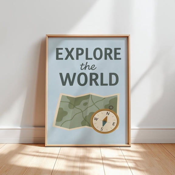 Explore The World Map & Compass Poster: Nursery Decor, Stretched Canvas Size 12x18