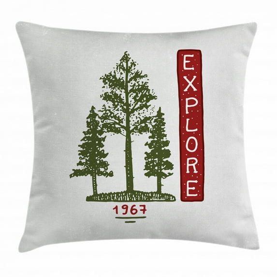 Explore Throw Pillow Cushion Cover, Coniferous Tree Silhouettes with Sketch Arrangement Vintage Arrangement, Decorative Square Accent Pillow Case, 20 X 20 Inches, Ruby Forest Green, by Ambesonne