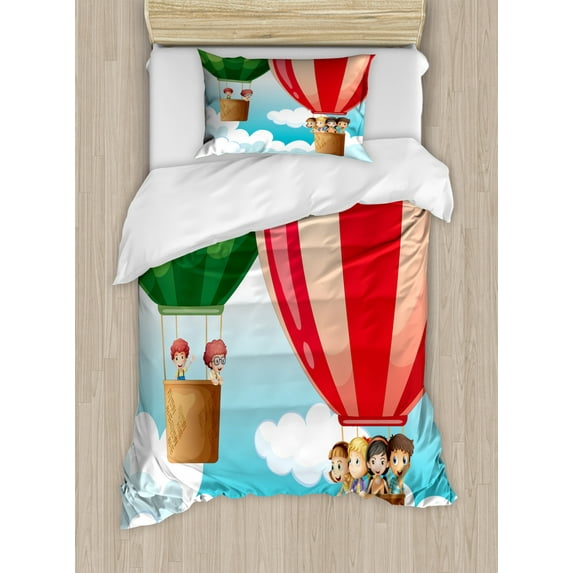 Explore Twin Size Duvet Cover Set, Children in Hot Air Balloons Flying Kids Adventure Exploration Themed Illustration, Decorative 2 Piece Bedding Set with 1 Pillow Sham, Multicolor, by Ambesonne