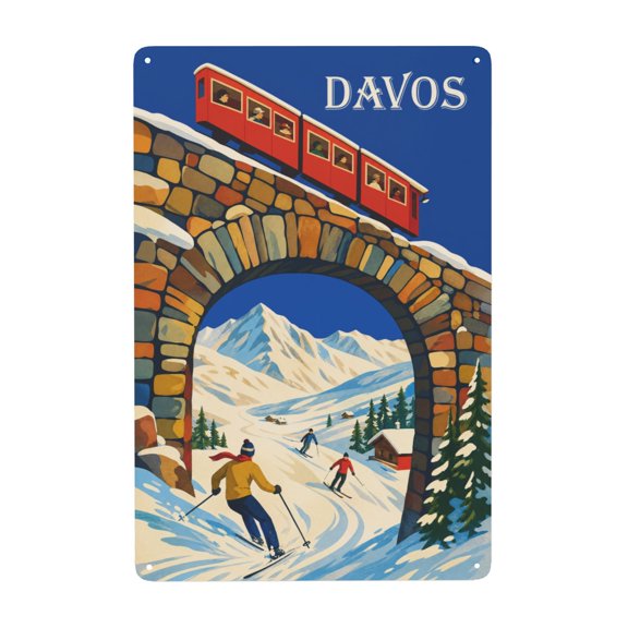 Explore Winter Adventure with Davos Ski Resort Metal Wall Decor Sign, 8x12 in, Featuring Red Train on Bridge - Perfect Rustic Vintage Home Decor for Indoor/Outdoor Use.