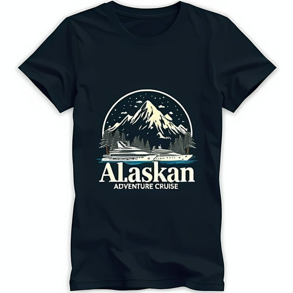 Explore the Alaskan Adventure: Blue T-Shirt with Mountain & Cruise Ship Graphic