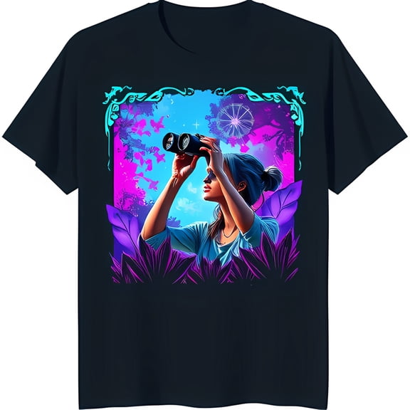 Explore the Night: Blue T-Shirt with Starry Sky Graphic & Vines
