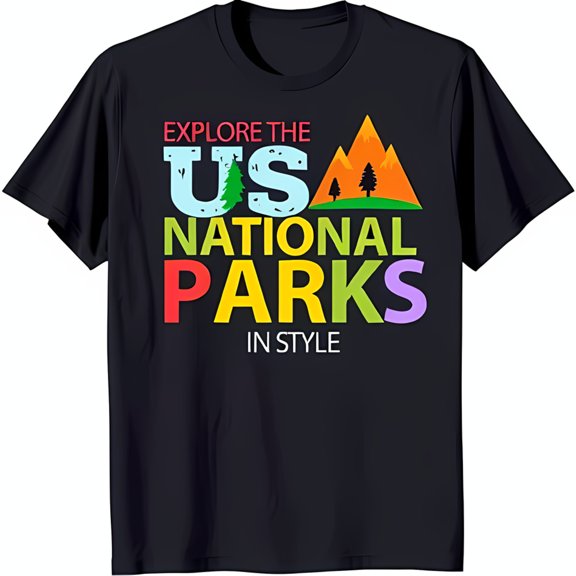 Explore the Parks in Style Black T-Shirt with Colorful Design Bold Mountains & Trees