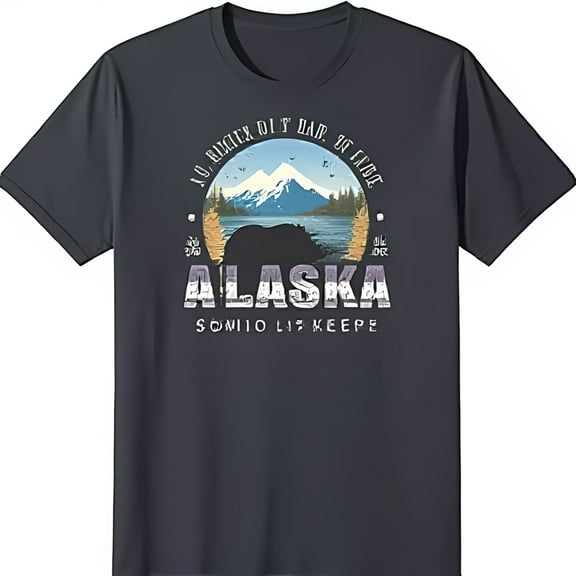 Explore the Wild: Black T-Shirt with Rustic Alaska Bear & Mountain Graphic