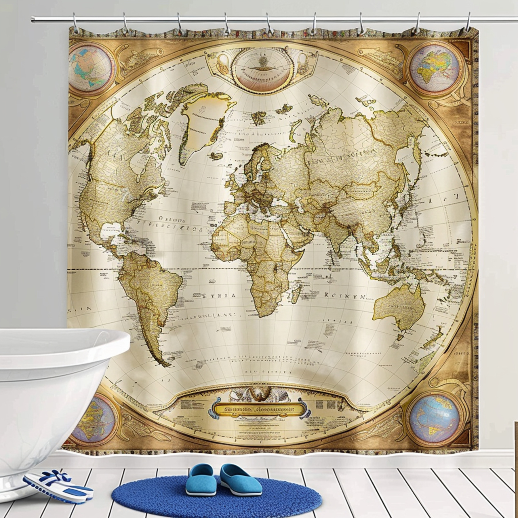 Explore the World in Style with this Antique Map Shower Curtain Golden