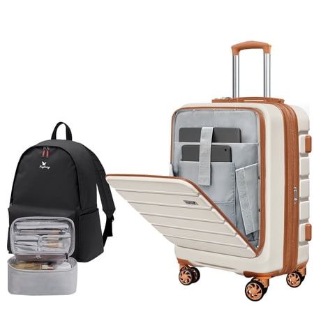 Explorer 20 Inch Carry On Hardshell Luggage with Front Pocket,White-Brown