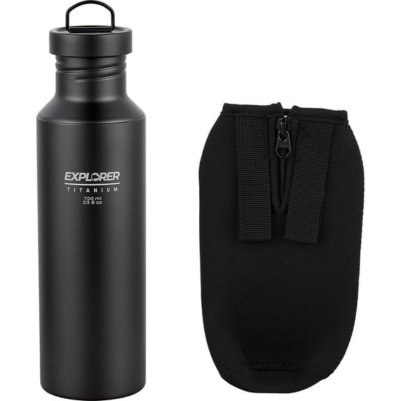 Explorer Bear Black Titanium Camping Sports Water Bottle, 23.6 oz, with Insulated Carrying Pouch