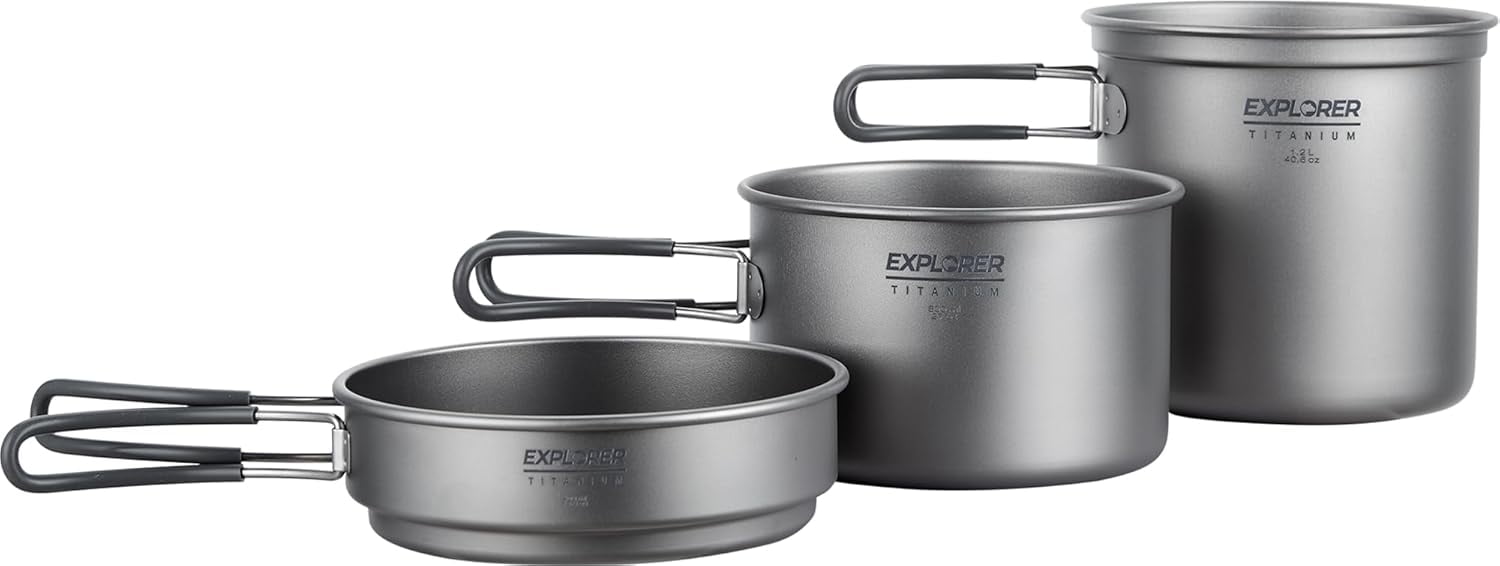 Explorer Bear Titanium Stackable Camping Cooking Pot Mess Kit Set