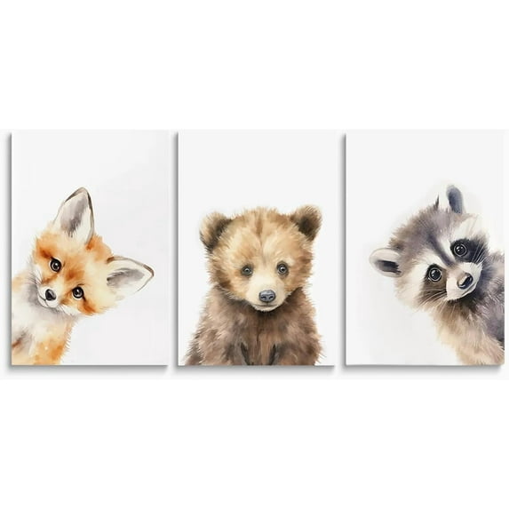 Explorers Escape Canvas Art, Boy's Adventure with Bear & Fox Prints, Mountainous Landscape Kids Room Decor, Woodland Animal Wall Art for Children's(Only canvas)