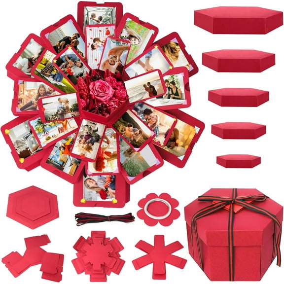 Explosion Gift Box, Red Surprise Picture Love Box with DIY Scrapbooking Accessories Exploding Photo Album for Anniversary, Birthday, Wedding