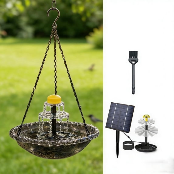 2-Tier Cascading Solar Hanging Bird Bath Fountain, 18" Clear Glass Tray with Chains, 2-in-1 Feeder