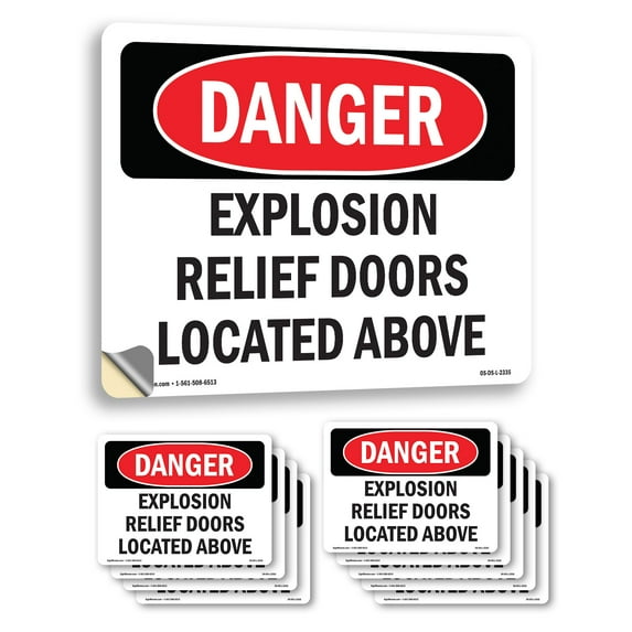 Explosion Relief Doors Located Above OSHA Danger Vinyl Decal Label 5 Inch x 3.5 Inch - 10 Pack