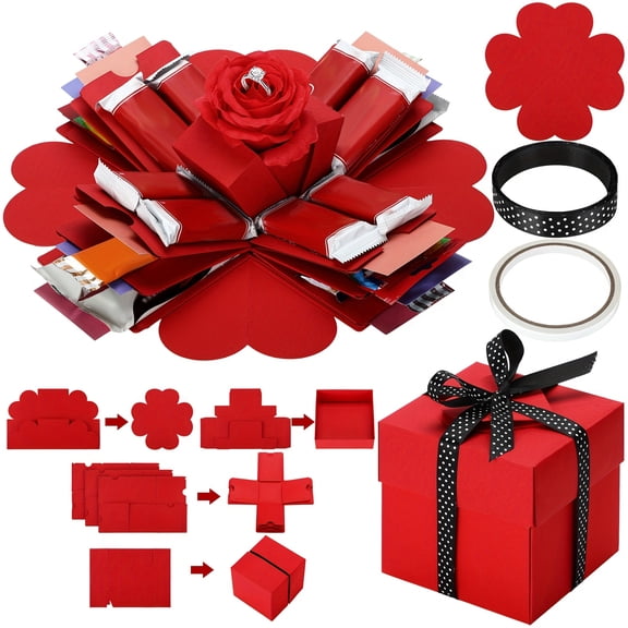 Explosion Surprise Gift Box Set with Black & White Polka Dot Ribbon,  Layered Explosion Box with Heart Cutouts, Lid, Red DIY Exploding Box for Valentines Day, Weddings, Birthdays & Graduation Gifts