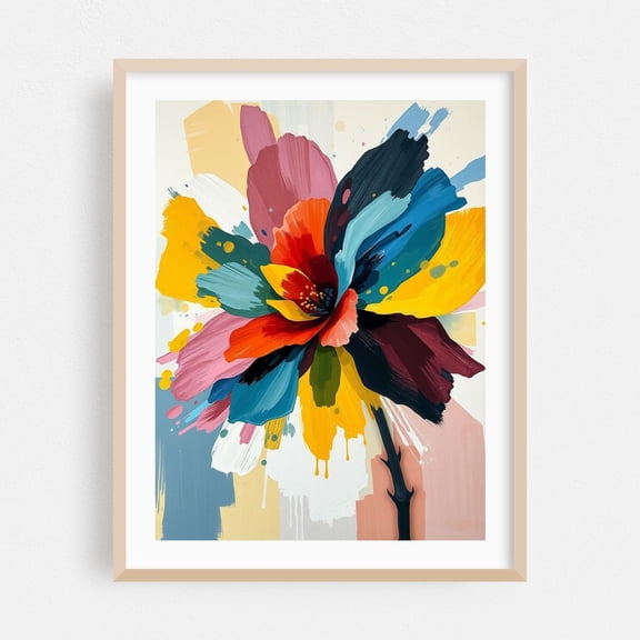 Explosive Bloom - Painting Abstract Floral Modern Art Flowers Psychedelic Art Deco Oak Framed Wall Art Print 16 x 20 inches