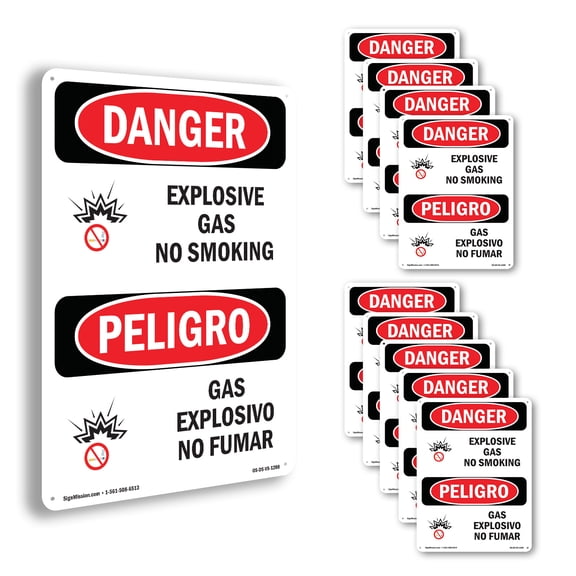 Explosive Gas No Smoking Bilingual OSHA Danger Aluminum Sign 14 Inch x 10 Inch - 10 Pack