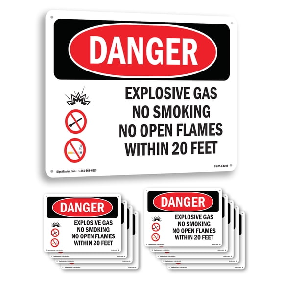 Explosive Gas No Smoking Within 20 Feet OSHA Danger Aluminum Sign 14 Inch x 10 Inch - 10 Pack