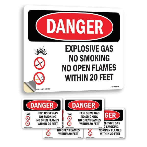 Explosive Gas No Smoking Within 20 Feet OSHA Danger Vinyl Decal Label 14 Inch x 10 Inch - 5 Pack