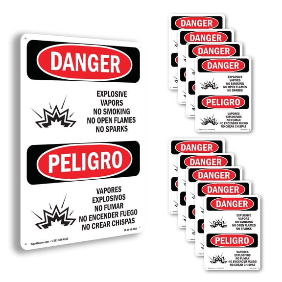 Explosive Vapors No Smoking Bilingual OSHA Danger Aluminum Sign 10 Inch x 7 Inch - 10 Pack