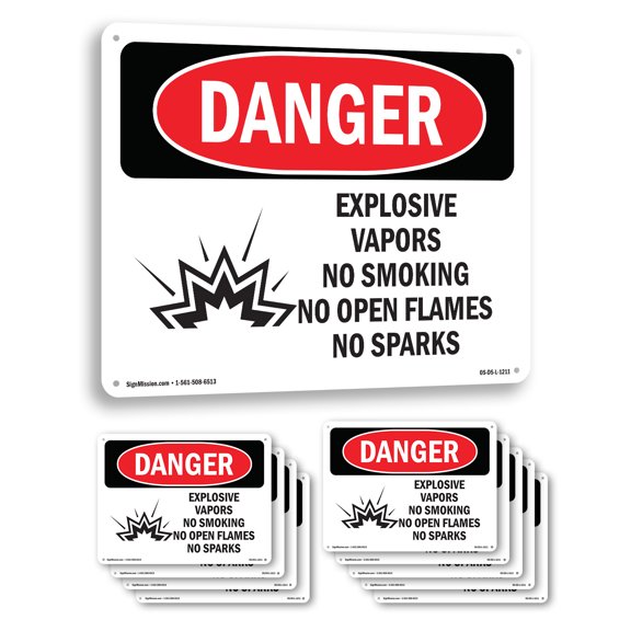 Explosive Vapors No Smoking Open Flames OSHA Danger Aluminum Sign 14 Inch x 10 Inch - 10 Pack