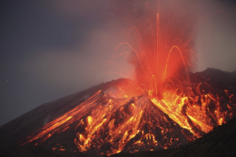 Explosive Vulcanian eruption of lava on Sakurajima Volcano Japan Canvas Art - Richard RoscoeStocktrek Images (18 x 12)