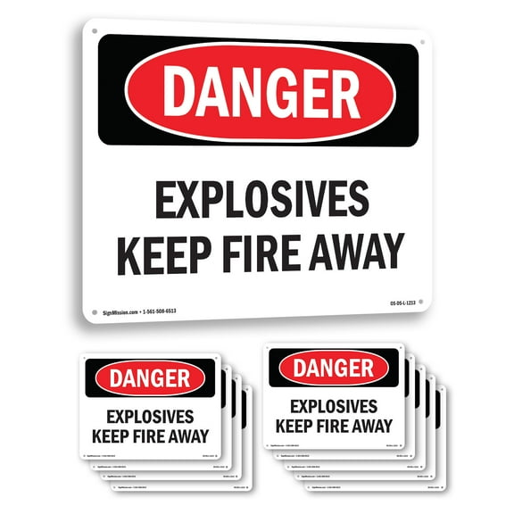 Explosives Keep Fire Away OSHA Danger Rigid Plastic Sign 14 Inch x 10 Inch - 10 Pack