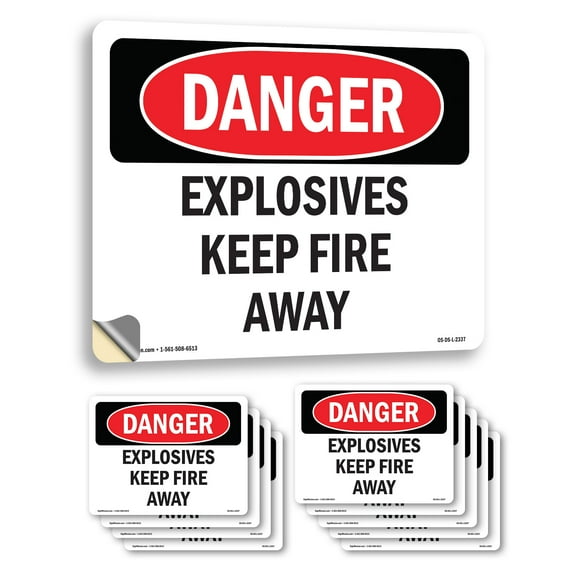 Explosives Keep Fire Away OSHA Danger Vinyl Decal Label 10 Inch x 7 Inch - 10 Pack