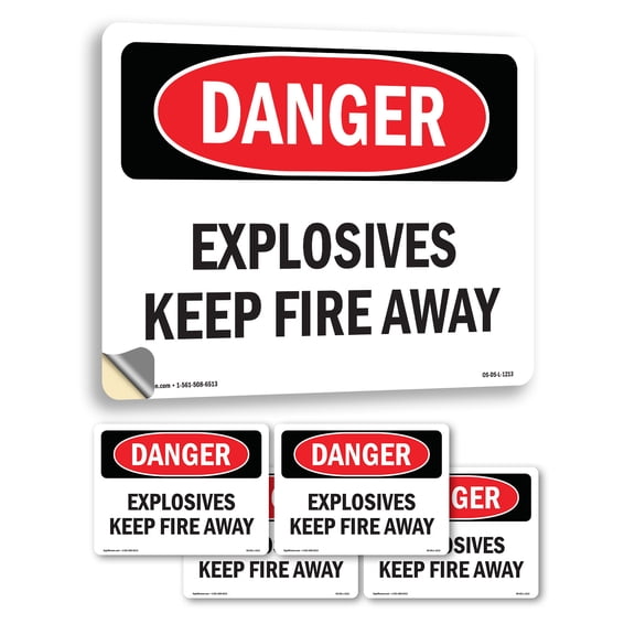 Explosives Keep Fire Away OSHA Danger Vinyl Decal Label 14 Inch x 10 Inch - 5 Pack