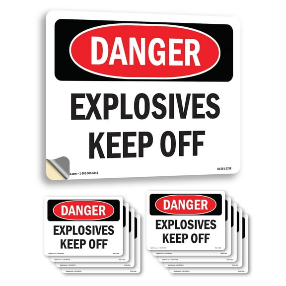 Explosives Keep Off OSHA Danger Vinyl Decal Label 7 Inch x 5 Inch - 10 Pack