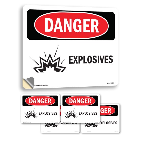 Explosives OSHA Danger Vinyl Decal Label 7 Inch x 5 Inch - 5 Pack