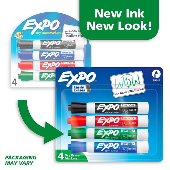 Expo 4pk Dry Erase Markers Bullet Tip Multicolored: Bold Whiteboard Markers for Office & Art, 18+ Years, 4 Pack