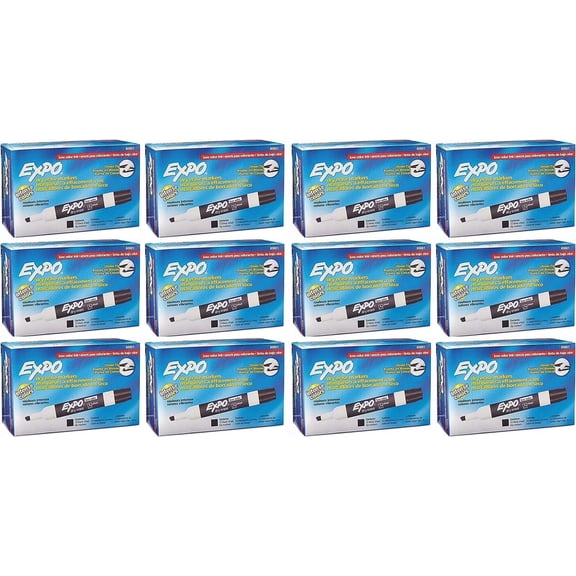 Expo 80001 Low Odor Chisel Point Dry Erase Markers, Black, 12 Units per Box, Pack of 12 Boxes, 144 Markers Total