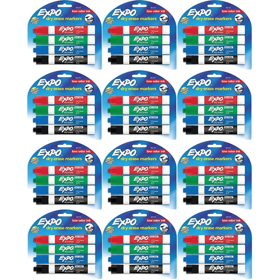 Expo 80174 Low Odor Chisel Point Dry Erase Marker Pack, Designed for Whiteboards, Glass and Most Non-Porous Surfaces, 4 Assorted Color Markers, Pack of 12 Blisters.., By Visit the EXPO Store