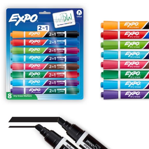 EXPO 2-in-1 Dry Erase Markers, Dual-Ended Markers, Assorted Colors, Chisel Tip, 8 Count