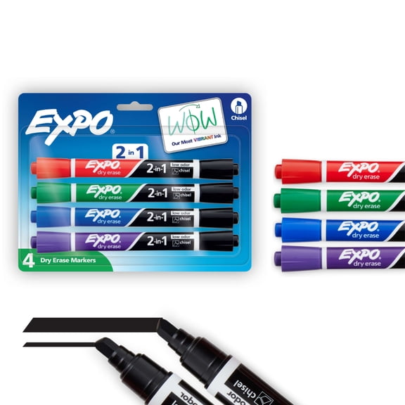 EXPO 2-in-1 Dry Erase Markers, Dual-Ended Markers, Assorted Colors, Chisel Tip, 4 Count