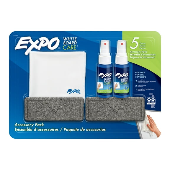 EXPO Whiteboard Care Accessory Pack for Dry Erase Markers, Contains Erasers, Cleaning Spray, and Polishing Cloth, 5 Count