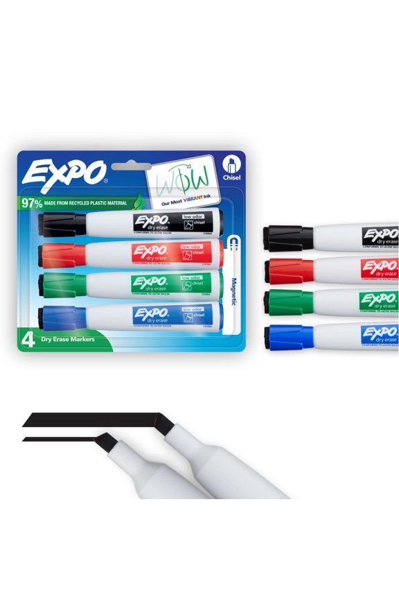 Magnetic Dry Erase Markers with Eraser, Assorted Colors, Chisel Tip, 4 Count