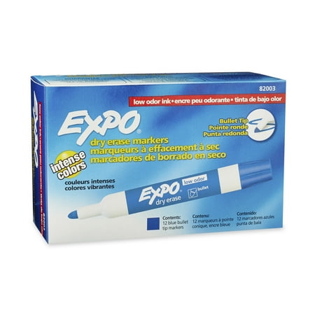 Expo Low Odor Dry Erase Bullet Tip Markers, Blue, 12 Count