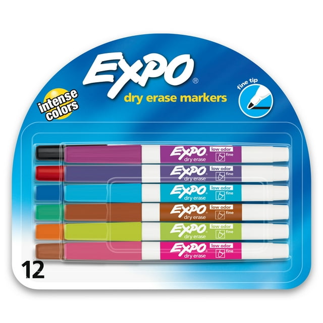Expo Low Odor Dry Erase Marker, Fine Tip, Assorted Colors, 12 Count