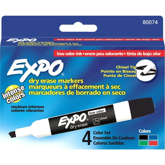EXPO 80074 Low-Odor Dry Erase Markers, Chisel Tip, Assorted Colors, 4-Count